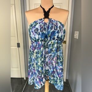 Women's Babydoll Boho Fairy Grunge Y2K Halter Top Abstract Print Beaded Size XL